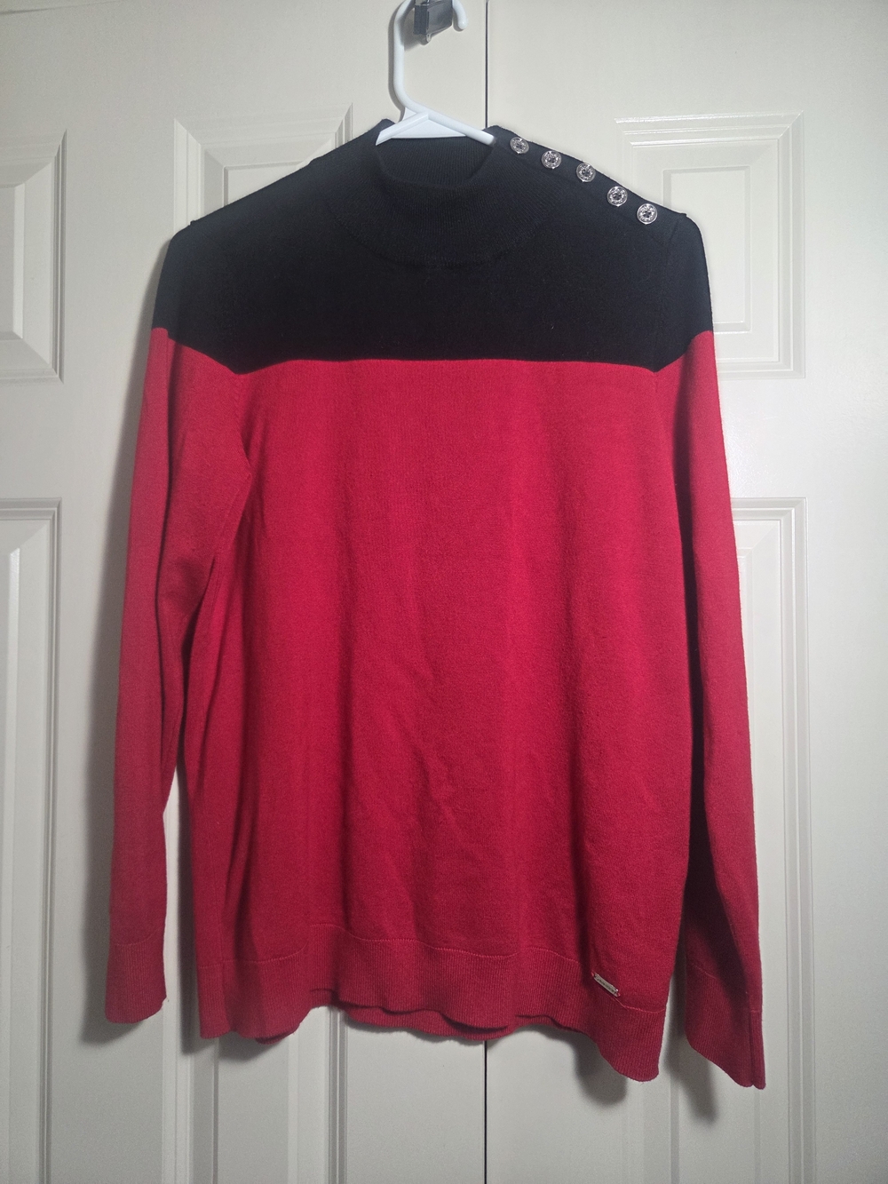 Calvin Klein Red and Black Turtleneck Sweater with Shoulder Buttons - Bold